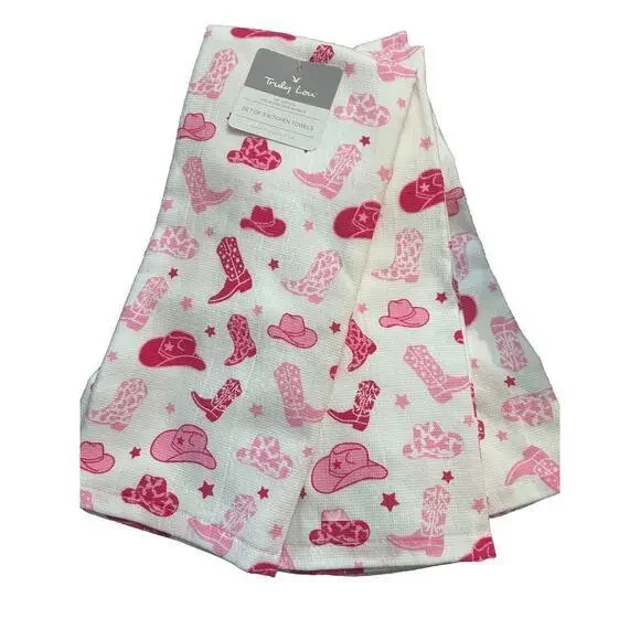 Kitchen Towels Cowgirl Boots Cowboy And Hat Pink Truly Lou Set Of 3‎ - New - Picture 2 of 4
